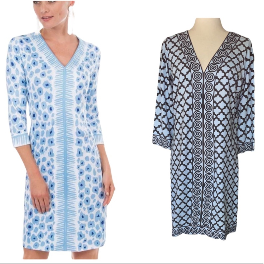 Gretchen Scott Bordertown Cornflower Blue Vneck Jersey Tunic Shift Dress - M